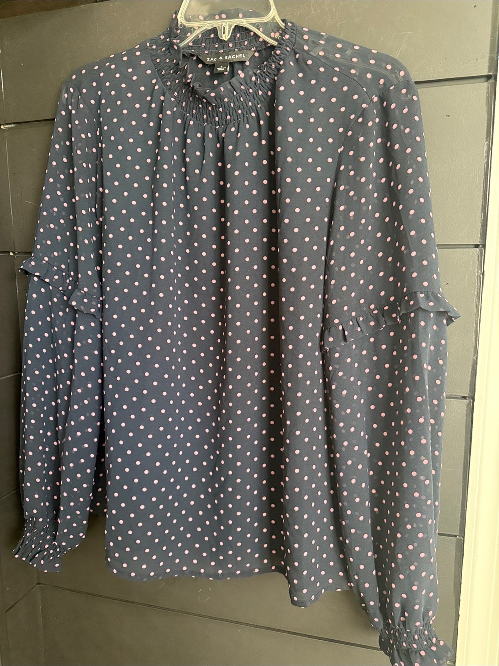 Zac & Rachel Navy Blouse w/Pink Polka Dots L